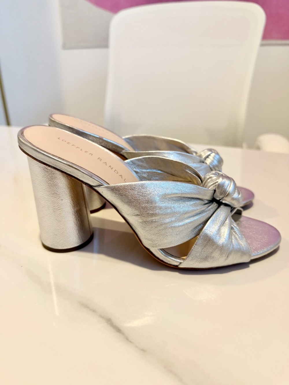 Loeffler Randall Celeste Metallic Silver Leather Block Heel Mule Sandals 7
